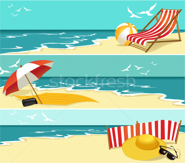 Foto stock: Tres · verano · banners · marinos · elementos · playa