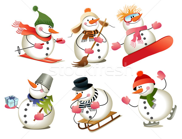 Foto stock: Cartoon · muñeco · de · nieve · invierno · ilustración · feliz · familia