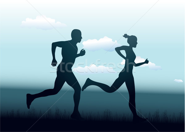 Homem mulher corrida juntos silhuetas casal Foto stock © jagoda