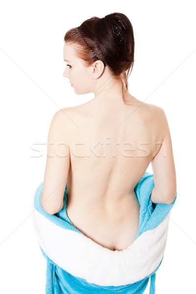 Zdjęcia stock: Powrót · młoda · kobieta · niebieski · kąpielowy · szlafrok · biały · odizolowany