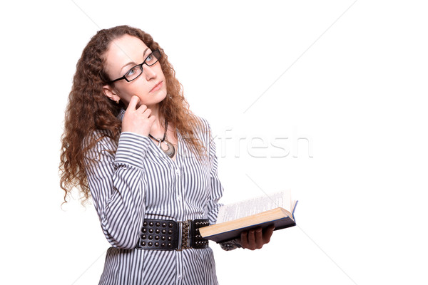 Foto stock: Mujer · lectura · libro · viejo · aislado · blanco · nina