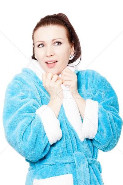 Fiatal nő kék fürdőköpeny meglepődött néz fehér Stock fotó © jagston