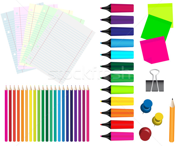 Materiały biurowe kolekcja kart kredki klip farbują Zdjęcia stock © jamdesign