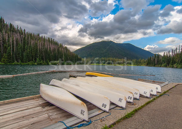 Numbered canoes on a lake dock Stock photo © jameswheeler