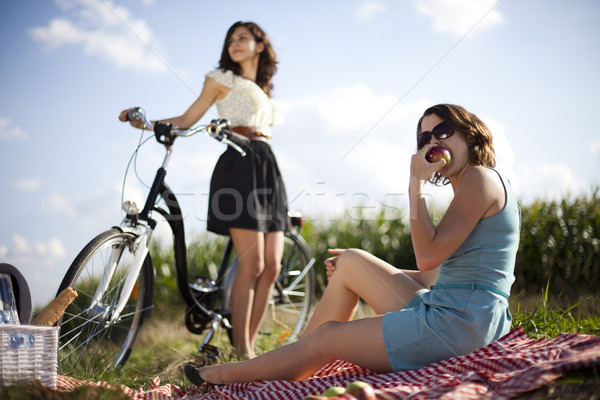 Piknik nyár szabadidő lány fa boldog Stock fotó © JanPietruszka