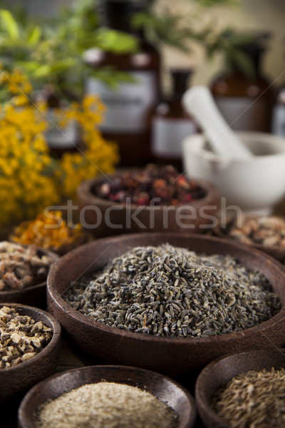 Natural medicine, herbs, mortar on wooden table background Stock photo © JanPietruszka