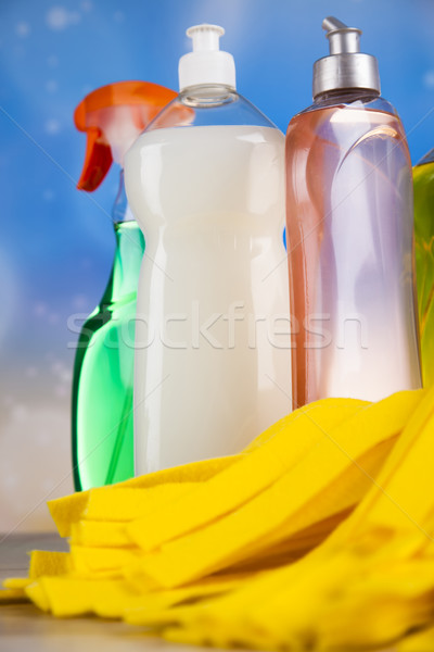 Foto stock: Produtos · de · limpeza · casa · trabalhar · colorido · grupo · garrafa