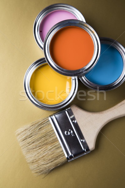 Colorful paint cans with paintbrush Stock photo © JanPietruszka