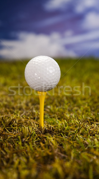 Stock photo: Golf ball on green grass over a blue sky 