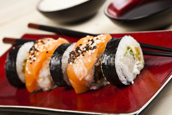 Sushi cucina orientale colorato pesce tavola bambù Foto d'archivio © JanPietruszka