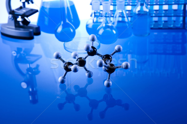 Foto stock: Químico · laboratório · artigos · de · vidro · tecnologia · vidro · azul