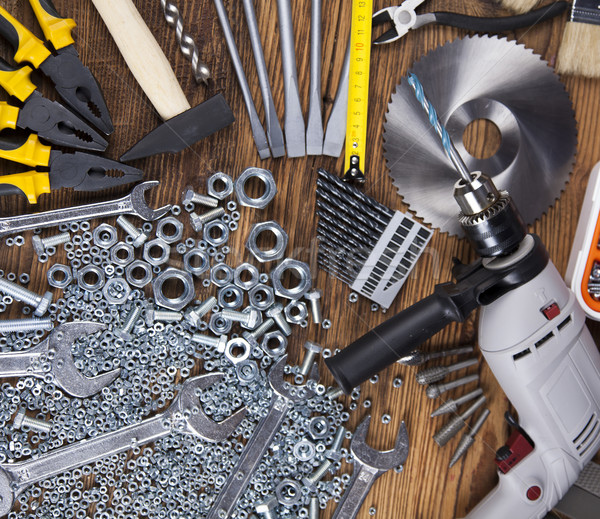 Set of different tools on wooden background Stock photo © JanPietruszka