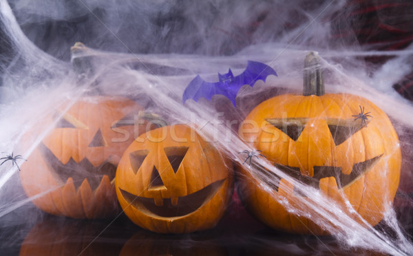 Pókháló halloween tök szemek háttér narancs űr Stock fotó © JanPietruszka