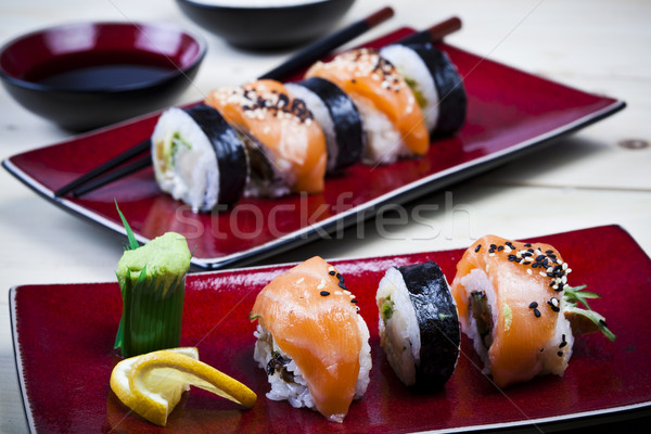 [[stock_photo]]: Sushis · cuisine · orientale · coloré · poissons · table · bambou