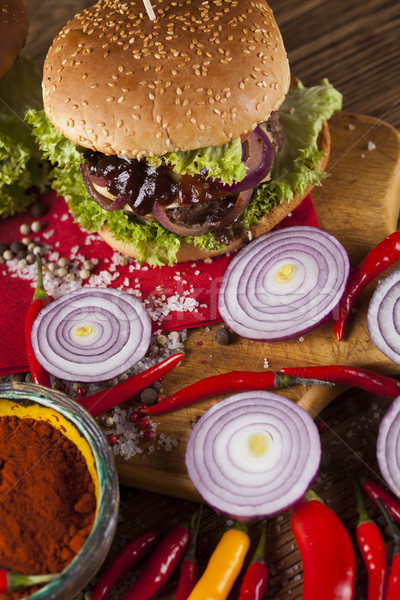 Közelkép házi készítésű hamburger friss zöldségek házi fából készült Stock fotó © JanPietruszka