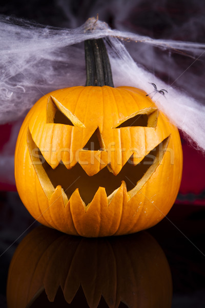 Stock photo:  Halloween pumpkin Jack, spider web
