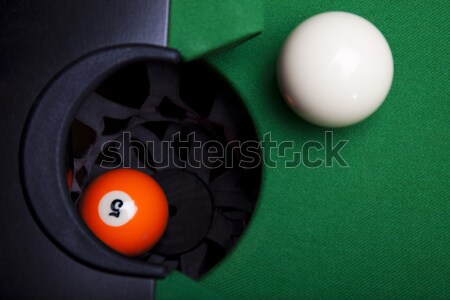 Billiard balls, cue on blue table Stock photo © JanPietruszka