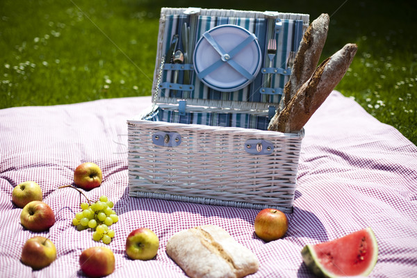 Foto stock: Cesta · de · picnic · frutas · pan · vino · primavera · hierba