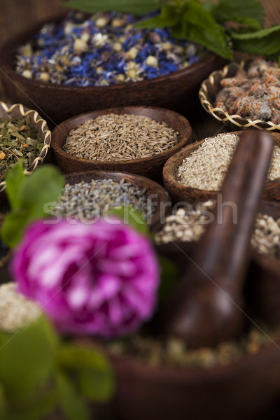 Herbal medicine, wooden table background Stock photo © JanPietruszka