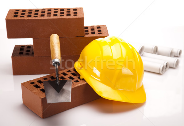 Stock photo: Brick, trowel tool and Construction background