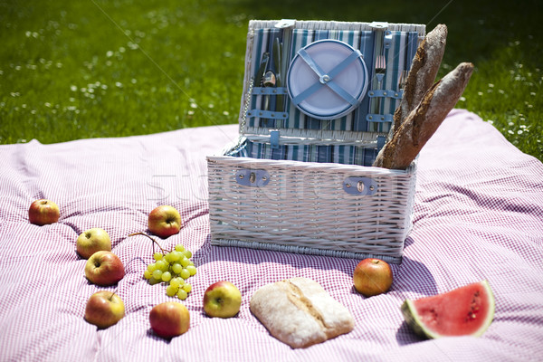 Cesta de picnic frutas pan vino primavera hierba Foto stock © JanPietruszka