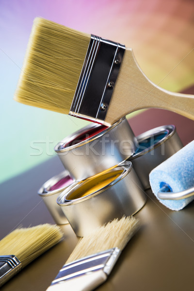 Colorful paint cans with paintbrush Stock photo © JanPietruszka