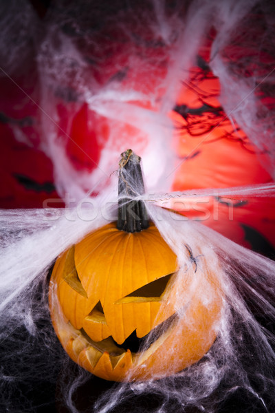 Foto stock: Halloween · teia · olhos · fundo · laranja · espaço