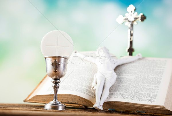 Stock photo: Holy Communion Bread, Wine, bright background, saturated concept