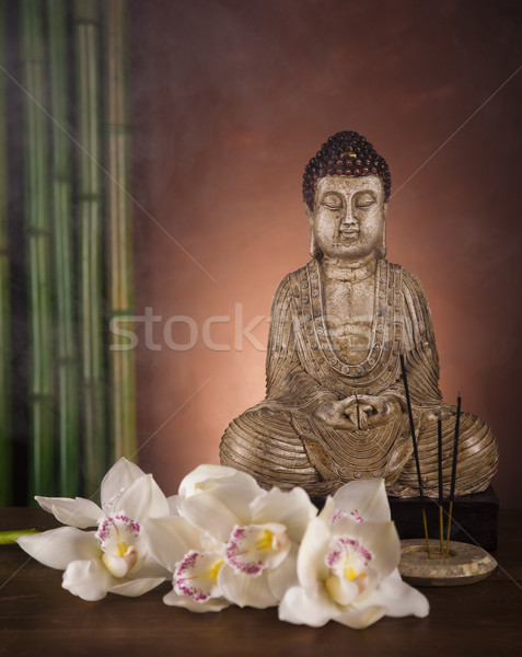 [[stock_photo]]: Buddha · statue · bambou · soleil · fumée · détendre