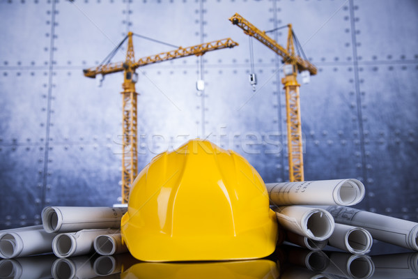 Crane, Safety helmet, Blueprints and construction site Stock photo © JanPietruszka