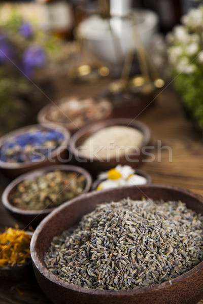 Foto stock: Ervas · mesa · de · madeira · cura · natureza