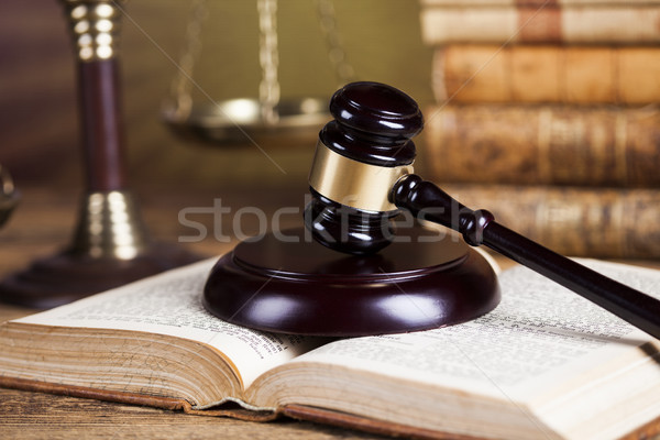 Mallet of the judge, justice scale, wooden desk background Stock photo © JanPietruszka