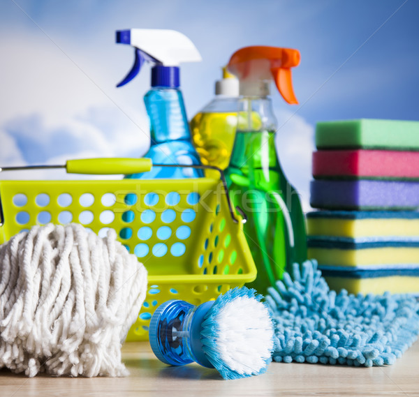 Assorted cleaning products, home work colorful theme Stock photo © JanPietruszka
