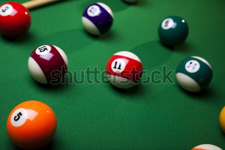 Billiard balls, cue on blue table Stock photo © JanPietruszka