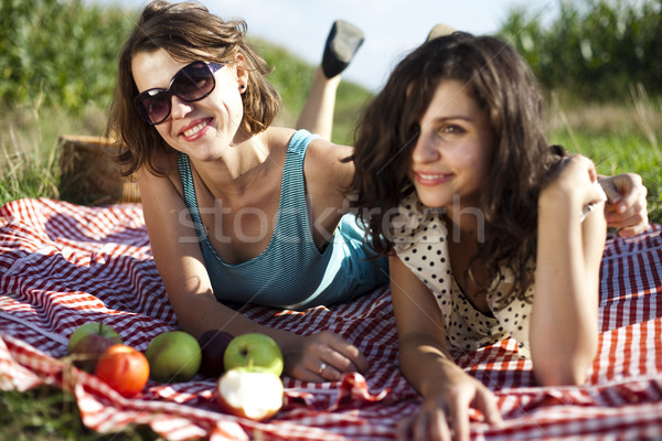 [[stock_photo]]: Pique-nique · été · temps · libre · fille · arbre · heureux