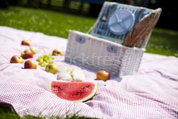 Cesta de picnic frutas pan vino primavera hierba Foto stock © JanPietruszka