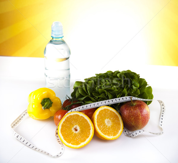 Foto stock: Comida · fita · métrica · fitness · pôr · do · sol · sol · fruto