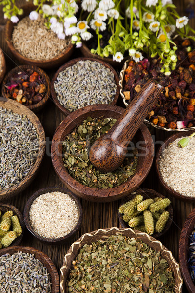 Herbs medicine and vintage wooden background Stock photo © JanPietruszka
