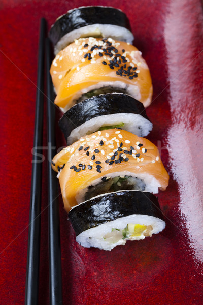 Foto d'archivio: Sushi · cucina · orientale · colorato · pesce · tavola · bambù