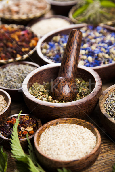 Natural remedy,Herbal medicine and wooden table background Stock photo © JanPietruszka