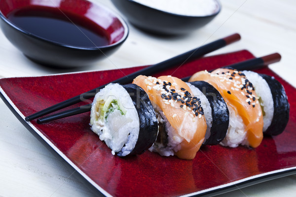 Sushi cucina orientale colorato pesce tavola bambù Foto d'archivio © JanPietruszka