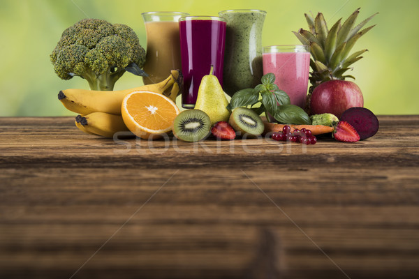 Stock photo: Sport diet,Cocktails , fitness, wooden background 