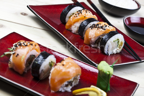 Sushi kolorowy ryb tabeli bambusa Zdjęcia stock © JanPietruszka