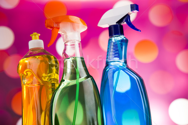 Wybór produktów czyszczących domu pracy kolorowy grupy Zdjęcia stock © JanPietruszka