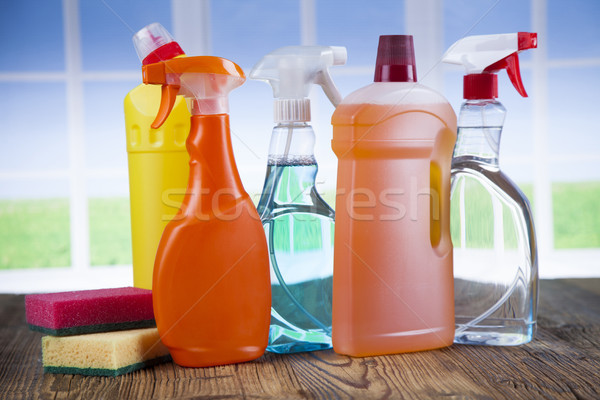 House cleaning product on wood table and window background Stock photo © JanPietruszka