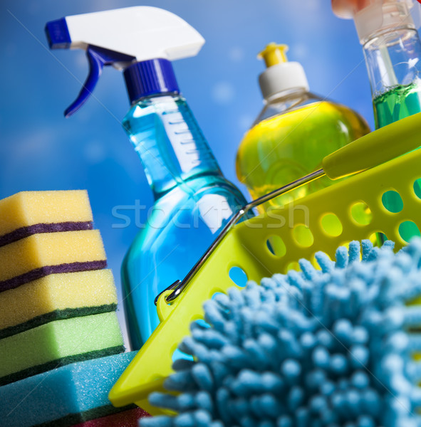 Wybór produktów czyszczących domu pracy kolorowy grupy Zdjęcia stock © JanPietruszka