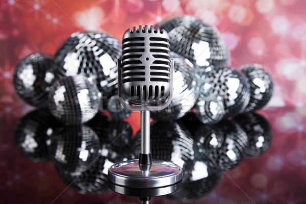 Stockfoto: Disco · ball · microfoon · muziek · retro-stijl · geluid · golven