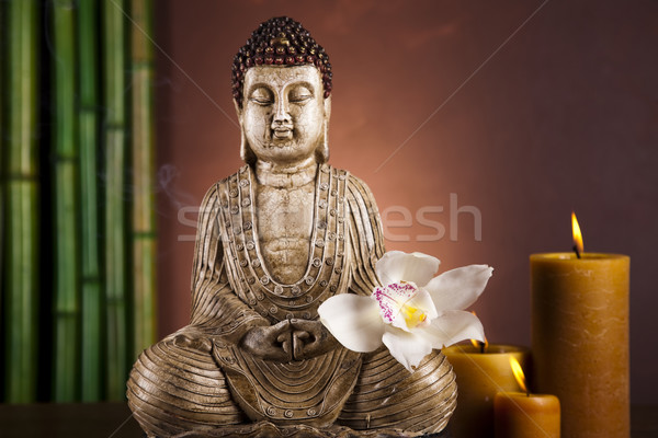 Foto stock: Buda · estátua · meditação · sol · fumar · relaxar