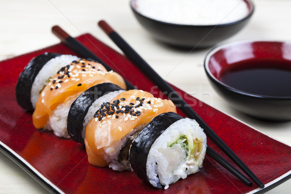 Sushi cucina orientale colorato pesce tavola bambù Foto d'archivio © JanPietruszka