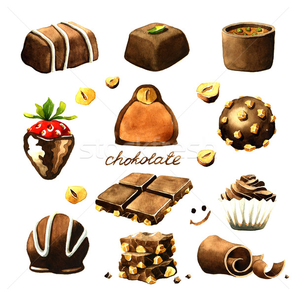 Foto stock: Chocolate · aquarela · isolado · branco · comida